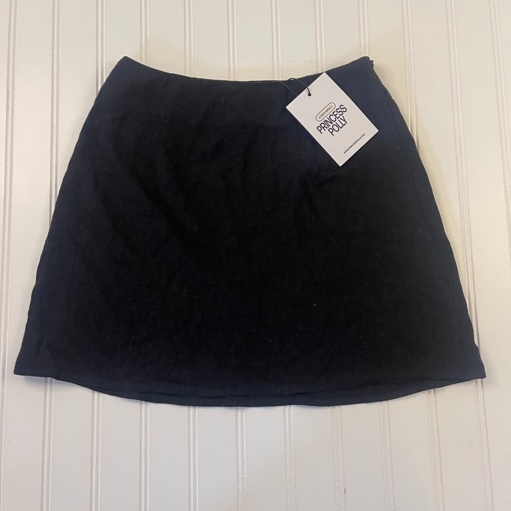 NWT Princess Polly Selby Mini Skirt Black US 2 Viscose Linen A-Line High Waisted